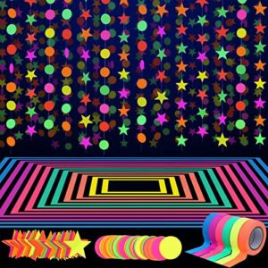 127ft Neon Party Supplies Set, 6 Colors 98.4ft UV Blacklight Reactive Tape, 29ft Neon Paper Garlands Circle Dots Stars Hanging Decorations for Birthday Wedding Glow Party Decorations