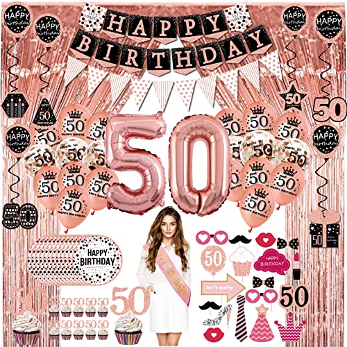 50th birthday decorations for women - (76pack) rose gold party Banner, Pennant, Hanging Swirl, birthday Balloons, Foil Backdrops, cupcake Topper, plates, Photo Props, Birthday Sash for gifts women