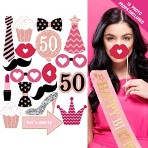 50th birthday decorations for women - (76pack) rose gold party Banner, Pennant, Hanging Swirl, birthday Balloons, Foil Backdrops, cupcake Topper, plates, Photo Props, Birthday Sash for gifts women