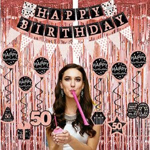 50th birthday decorations for women - (76pack) rose gold party Banner, Pennant, Hanging Swirl, birthday Balloons, Foil Backdrops, cupcake Topper, plates, Photo Props, Birthday Sash for gifts women