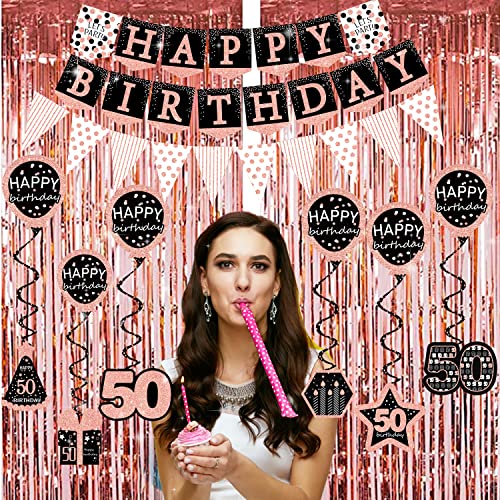 50th birthday decorations for women - (76pack) rose gold party Banner, Pennant, Hanging Swirl, birthday Balloons, Foil Backdrops, cupcake Topper, plates, Photo Props, Birthday Sash for gifts women