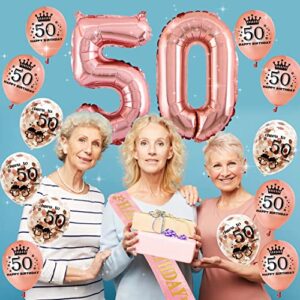 50th birthday decorations for women - (76pack) rose gold party Banner, Pennant, Hanging Swirl, birthday Balloons, Foil Backdrops, cupcake Topper, plates, Photo Props, Birthday Sash for gifts women