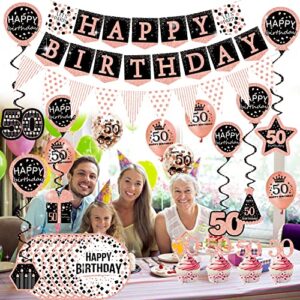 50th birthday decorations for women - (76pack) rose gold party Banner, Pennant, Hanging Swirl, birthday Balloons, Foil Backdrops, cupcake Topper, plates, Photo Props, Birthday Sash for gifts women