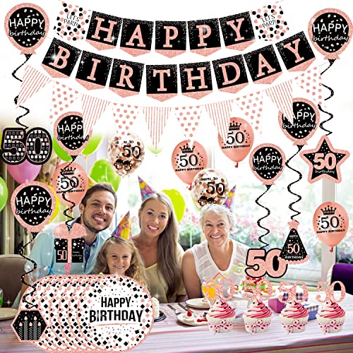 50th birthday decorations for women - (76pack) rose gold party Banner, Pennant, Hanging Swirl, birthday Balloons, Foil Backdrops, cupcake Topper, plates, Photo Props, Birthday Sash for gifts women