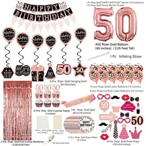 50th birthday decorations for women - (76pack) rose gold party Banner, Pennant, Hanging Swirl, birthday Balloons, Foil Backdrops, cupcake Topper, plates, Photo Props, Birthday Sash for gifts women