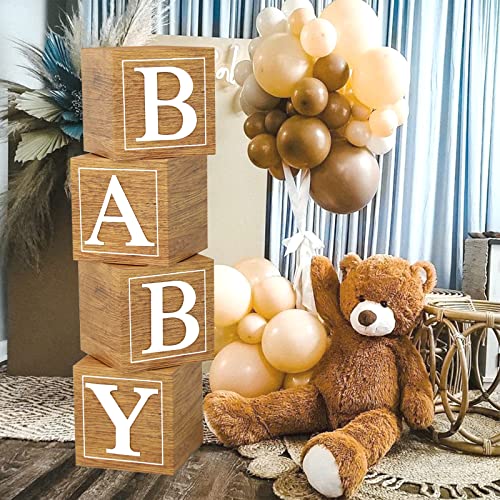 Baby Shower Boxes Birthday Party Decorations - 4 Wood Grain Brown Stereoscopic Blocks with BABY Letter,1st Birthday Balloon Boxes,Teddy Bear Boys Girls Baby Shower Supplies, Gender Reveal Backdrop