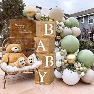 Baby Shower Boxes Birthday Party Decorations - 4 Wood Grain Brown Stereoscopic Blocks with BABY Letter,1st Birthday Balloon Boxes,Teddy Bear Boys Girls Baby Shower Supplies, Gender Reveal Backdrop