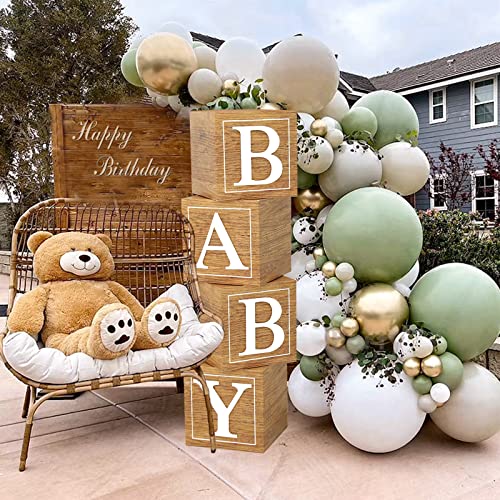 Baby Shower Boxes Birthday Party Decorations - 4 Wood Grain Brown Stereoscopic Blocks with BABY Letter,1st Birthday Balloon Boxes,Teddy Bear Boys Girls Baby Shower Supplies, Gender Reveal Backdrop