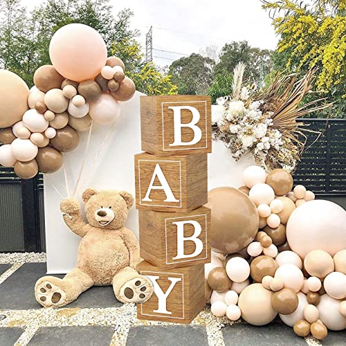 Baby Shower Boxes Birthday Party Decorations - 4 Wood Grain Brown Stereoscopic Blocks with BABY Letter,1st Birthday Balloon Boxes,Teddy Bear Boys Girls Baby Shower Supplies, Gender Reveal Backdrop