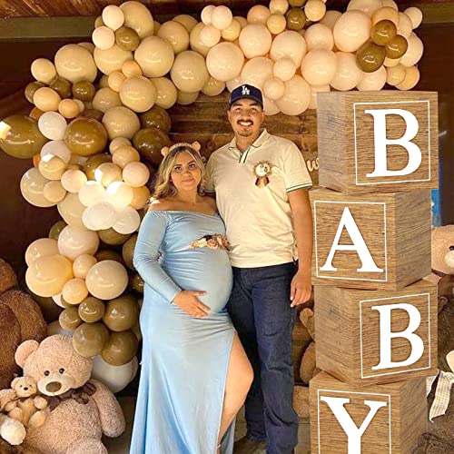 Baby Shower Boxes Birthday Party Decorations - 4 Wood Grain Brown Stereoscopic Blocks with BABY Letter,1st Birthday Balloon Boxes,Teddy Bear Boys Girls Baby Shower Supplies, Gender Reveal Backdrop