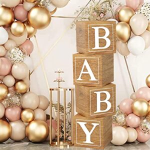 Baby Shower Boxes Birthday Party Decorations - 4 Wood Grain Brown Stereoscopic Blocks with BABY Letter,1st Birthday Balloon Boxes,Teddy Bear Boys Girls Baby Shower Supplies, Gender Reveal Backdrop