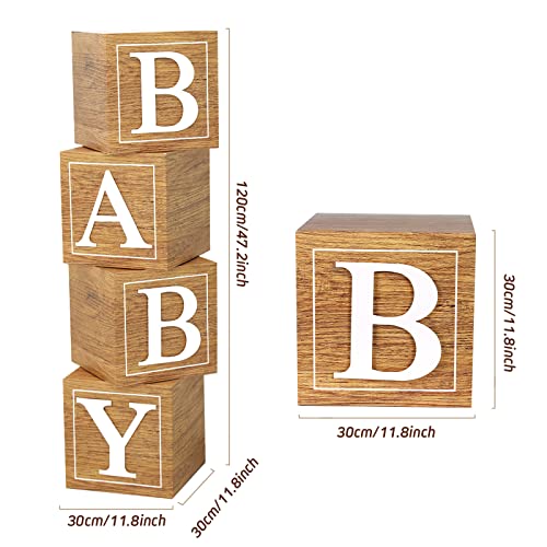 Baby Shower Boxes Birthday Party Decorations - 4 Wood Grain Brown Stereoscopic Blocks with BABY Letter,1st Birthday Balloon Boxes,Teddy Bear Boys Girls Baby Shower Supplies, Gender Reveal Backdrop