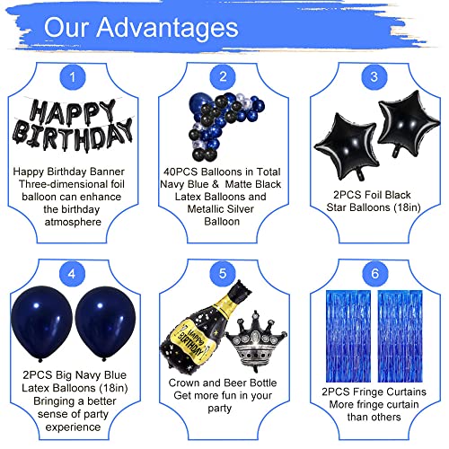 Navy Blue Black Happy Birthday Party Decorations for Men, Arch Kit for Him Her, Banner, Fringe Curtains, Beer Foil Balloons, Balloon Garland Kit, Crown for 20th 21st 22th 25th 30th 40th 50th 60th