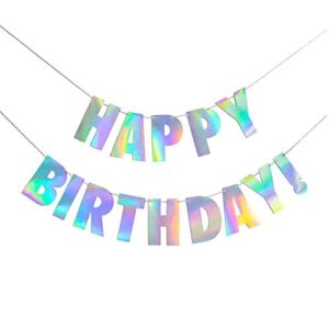 Pre-Strung Holographic Happy Birthday Banner - NO DIY - Iridescent White Hanging Bunting Garland Party Decorations