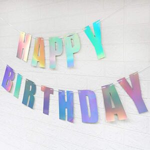 Pre-Strung Holographic Happy Birthday Banner - NO DIY - Iridescent White Hanging Bunting Garland Party Decorations
