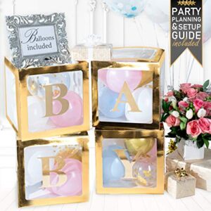 gold baby boxes gender reveal decorations | 79 pcs | set of 4 letter boxes, balloons and baby letters | baby shower decorations | gender reveal box | baby shower boxes | its a boy, baby box