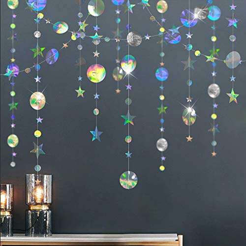 Twinkle Little Star Garlands Iridescent Party Supplies Holographic Hanging Stars Streamer Euphoria Birthday Decorations Circle dot Streamer Banner Backdrop Ramadan EID Graduation Disco Party Supplies