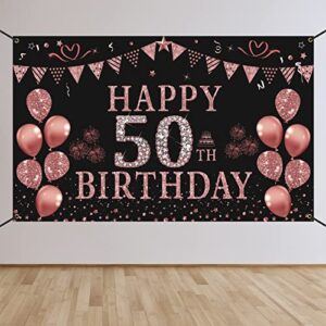 trgowaul 50th birthday decorations for women – rose gold 50th birthday banner backdrop 50th birthday party suppiles photography supplies background happy 50th birthday banner