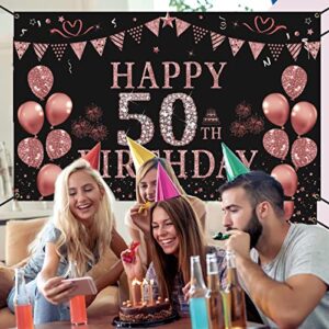 Trgowaul 50th Birthday Decorations for Women - Rose Gold 50th Birthday Banner Backdrop 50th Birthday Party Suppiles Photography Supplies Background Happy 50th Birthday Banner