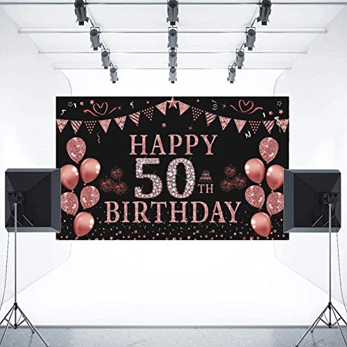 Trgowaul 50th Birthday Decorations for Women - Rose Gold 50th Birthday Banner Backdrop 50th Birthday Party Suppiles Photography Supplies Background Happy 50th Birthday Banner