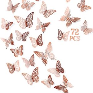 72 pcs rose gold butterfly wall decor, butterfly decorations, 3 sizes 6 styles, 3d butterfly party decorations/birthday decorations/cake decorations, mariposas decorativas para fiesta room decor