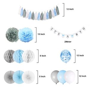 Baby Shower Decorations for Boy, It’s A Boy Banner with Paper Fan Tissue Pompoms Honeycomb Ball Party Balloons Foil Tassel, Blue and Grey It’s A boy Baby Shower Decorations