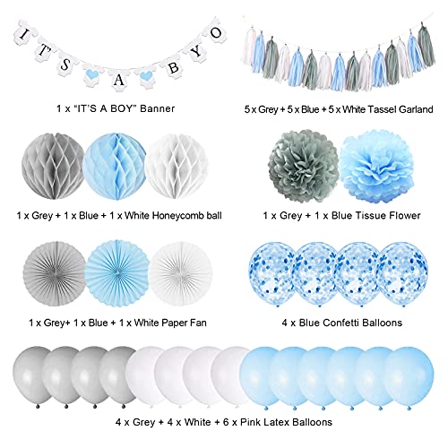 Baby Shower Decorations for Boy, It’s A Boy Banner with Paper Fan Tissue Pompoms Honeycomb Ball Party Balloons Foil Tassel, Blue and Grey It’s A boy Baby Shower Decorations