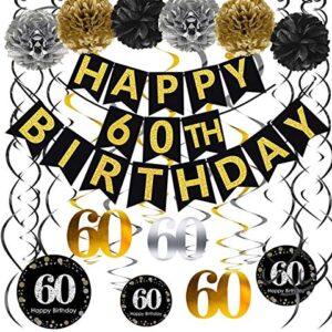 Famoby Black & Gold Glittery Happy 60th Birthday Banner,Poms,Sparkling 60 Hanging Swirls Kit for 60th Birthday Party 60th Anniversary Decorations Supplies