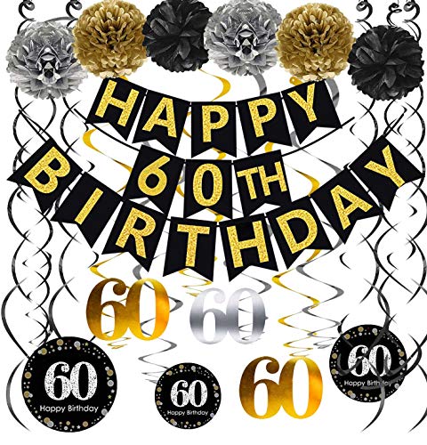 Famoby Black & Gold Glittery Happy 60th Birthday Banner,Poms,Sparkling 60 Hanging Swirls Kit for 60th Birthday Party 60th Anniversary Decorations Supplies