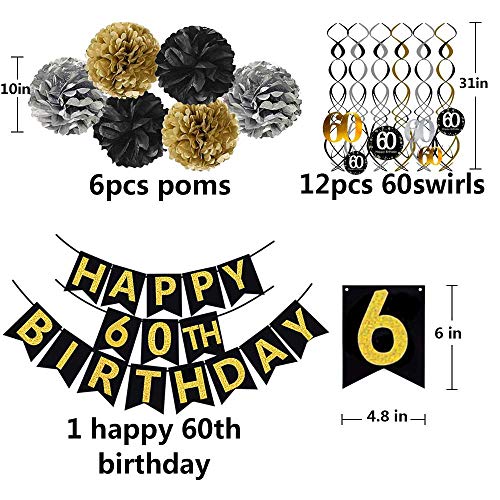 Famoby Black & Gold Glittery Happy 60th Birthday Banner,Poms,Sparkling 60 Hanging Swirls Kit for 60th Birthday Party 60th Anniversary Decorations Supplies