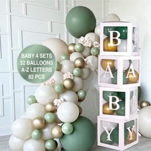 82 pcs baby shower decorations for boy girl kit – transparent baby block balloon box includes baby, alphabet letters white sage green gold balloons, gender reveal decor, birthday party backdrop