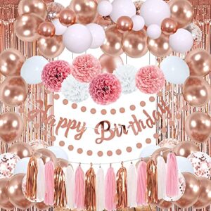 rose gold pink birthday party decorations, happy birthday banner, rose gold party decorations for women, 2pcs fringe curtains, paper tassels garland, circle dots garland for women girls birthday decorations