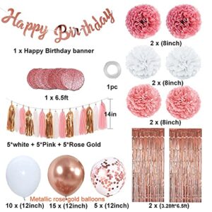 Rose Gold Pink Birthday Party Decorations, Happy Birthday Banner, Rose Gold Party Decorations for Women, 2PCS Fringe Curtains, Paper Tassels Garland, Circle Dots Garland for Women Girls Birthday Decorations