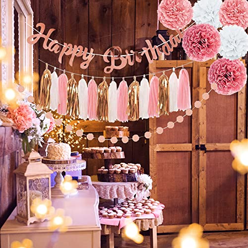 Rose Gold Pink Birthday Party Decorations, Happy Birthday Banner, Rose Gold Party Decorations for Women, 2PCS Fringe Curtains, Paper Tassels Garland, Circle Dots Garland for Women Girls Birthday Decorations