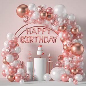 janinus rose gold balloons garland arch kit- 5+12+18 inch rose gold white confetti birthday balloons decorations for women girls princess engagement wedding birthday party decorations
