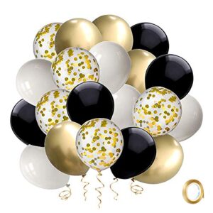 black and gold confetti balloons, 50 pack 12inch white latex party balloon set with gold ribbon for graduation wedding birthday baby shower decorations
