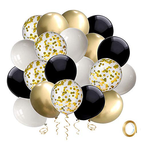 Black and Gold Confetti Balloons, 50 Pack 12inch White Latex Party Balloon Set with Gold Ribbon for Graduation Wedding Birthday Baby Shower Decorations