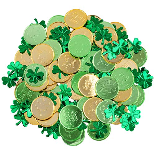 Whaline St Patrick's Day Table Decorations, 100 Pcs Plastic Good Luck Coins and 1 Oz Shamrock Clover Confetti Table Sprinkles for Irish St Patricks Party Decoration Favors Supplies