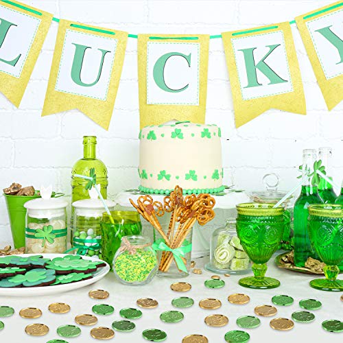 Whaline St Patrick's Day Table Decorations, 100 Pcs Plastic Good Luck Coins and 1 Oz Shamrock Clover Confetti Table Sprinkles for Irish St Patricks Party Decoration Favors Supplies