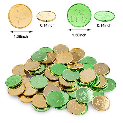 Whaline St Patrick's Day Table Decorations, 100 Pcs Plastic Good Luck Coins and 1 Oz Shamrock Clover Confetti Table Sprinkles for Irish St Patricks Party Decoration Favors Supplies