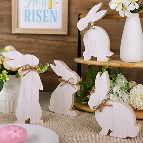 Treory Easter Decorations for The Home, 4 pcs Easter Bunny Natural Wooden Table Centerpiece Signs Easter Decor Rustic Freestanding Tabletop for Home Tiered Tray Decor Farmhouse Decor for Easter Gifts