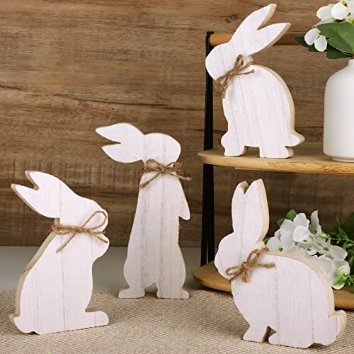 Treory Easter Decorations for The Home, 4 pcs Easter Bunny Natural Wooden Table Centerpiece Signs Easter Decor Rustic Freestanding Tabletop for Home Tiered Tray Decor Farmhouse Decor for Easter Gifts