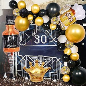 Black Gold Birthday Party Decorations Set Happy Birthday Confetti Balloons with Banner,Crown Balloons,Champagne Foil Balloons,Beer Cup Balloons for Men Women Birthday Party Supplies