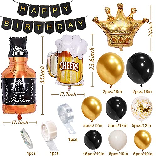 Black Gold Birthday Party Decorations Set Happy Birthday Confetti Balloons with Banner,Crown Balloons,Champagne Foil Balloons,Beer Cup Balloons for Men Women Birthday Party Supplies