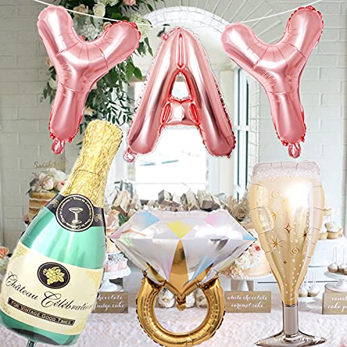 Bachelorette Party Decorations Balloons - Bridal Shower Decorations | YAY Party Banner Balloon | Champagne Bottle Goblet Balloons | Ring Foil | Engagement Party Decoration - Bachelorette Favor