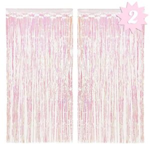 xo, fetti decorations iridescent fringe foil curtain – set of 2 | bachelorette party bridal shower backdrop, wedding, birthday photo booth