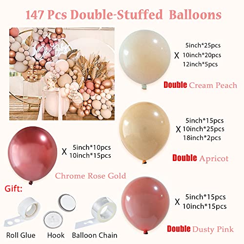 DIY Boho Balloon Garland Arch Kit 147Pcs Double Stuffed Balloon Garland Kit Supplies Retro Dusty Pink Cream Peach Chrome Rose Gold Balloons for Baby&Bridal Shower, Birthday Wedding,Anniversary Party