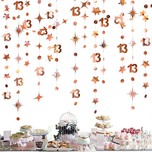 Rose Gold 13th Birthday Decorations Number 13 Circle Dot Twinkle Star Garland Metallic Hanging Streamer Bunting Banner Backdrop for Girls 13 Year Old Birthday Thirteen Official Teenager Party Supplies