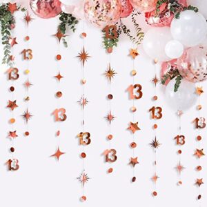 Rose Gold 13th Birthday Decorations Number 13 Circle Dot Twinkle Star Garland Metallic Hanging Streamer Bunting Banner Backdrop for Girls 13 Year Old Birthday Thirteen Official Teenager Party Supplies