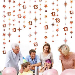 Rose Gold 13th Birthday Decorations Number 13 Circle Dot Twinkle Star Garland Metallic Hanging Streamer Bunting Banner Backdrop for Girls 13 Year Old Birthday Thirteen Official Teenager Party Supplies